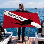 Personalisiertes Tauchflagge Strandtuch mit Silhouette | sandabweisend | schnelltrocknend | Badetuch | Sommerurlaub Geschenk für Taucher Dive Club
