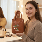 Personalised 1-7 Flower Family Photos PU Leather Handheld Makeup Bag with Name Daily Use Birthday Anniversary Gift for Women