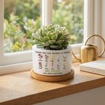 Personlig keramisk blomkruka med ”Tack för att du hjälper oss att växa” och födelsedagsblomma, med 1–12 namn och bambubricka – födelsedags- och lärardagspresent till lärare