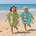 Personalized Cute Cartoon Kid Character Hooded Beach Towel with Name and Drawstring Bag Travel Use Birthday Beach Party Gift for Kids Girls Boys