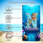 Toalla de playa personalizada suave con inicial personaje animado de buceo y nombre regalo de vacaciones de verano o cumpleaños para niños