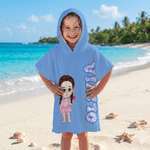Personalized Cute Cartoon Kid Character Hooded Beach Towel with Name and Drawstring Bag Travel Use Birthday Beach Party Gift for Kids Girls Boys