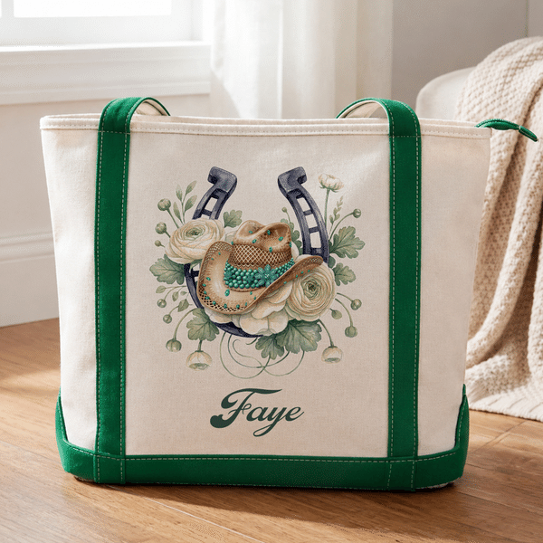 Personalized Cowgirl Hat Birth Flower Horseshoes Large Capacity Tote Bag with Name Daily Use Anniversary Birthday Gift for Her
