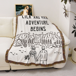 Personalized Tree and Mountain Romantic Adventure Couple Tassel Soft Throw Blanket with Name Home Decor Birthday Gift for Couple