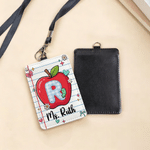 Personalised PU Leather Apple Letter Name ID Card Badge Holder with Lanyard Back to School Teacher's Day Appreciation Gift for Teacher Educator