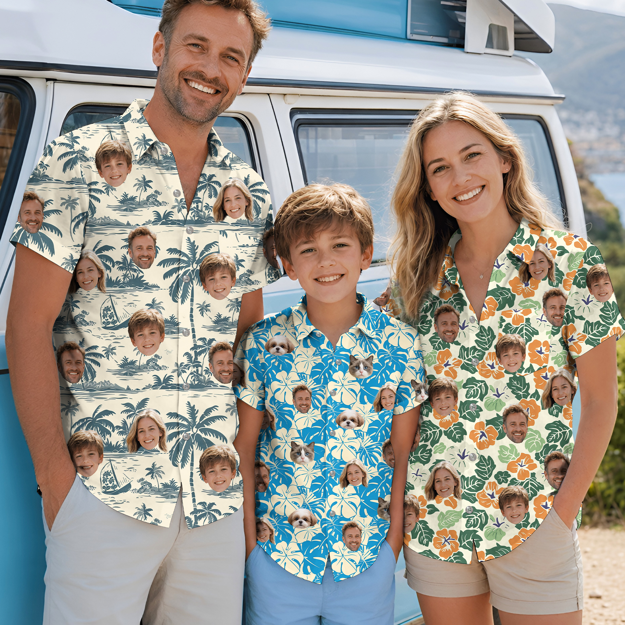 Personalized Retro Floral Youth Adult Hawaiian Shirt with 1-5 Photos Daily Wear Beach Party Birthday Gift for Father Boyfriend Kids