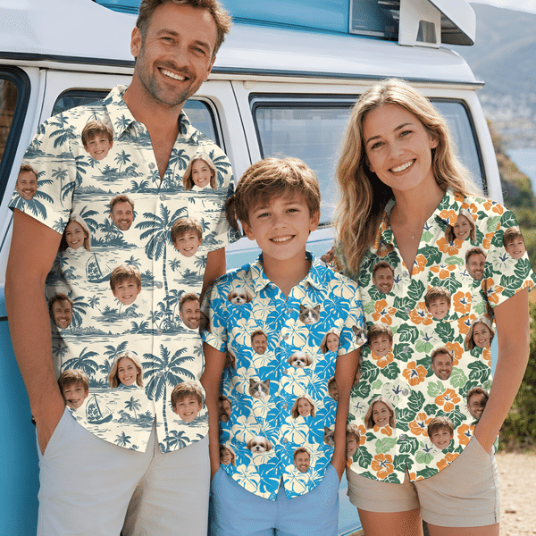 Personalized Retro Floral Youth Adult Hawaiian Shirt with 1-5 Photos Daily Wear Beach Party Birthday Gift for Father Boyfriend Kids