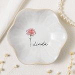 Personalized Imitation Crystal Style Birth Flower Ceramic Scalloped Edge Trinket Jewelry Dish with Name Mother's Day Birthday Gift for Her