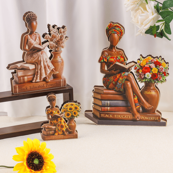 Personalized African American Reading Woman Floral Wooden Ornament with Name Black History Month Birthday Gift for Black Women Book Lovers