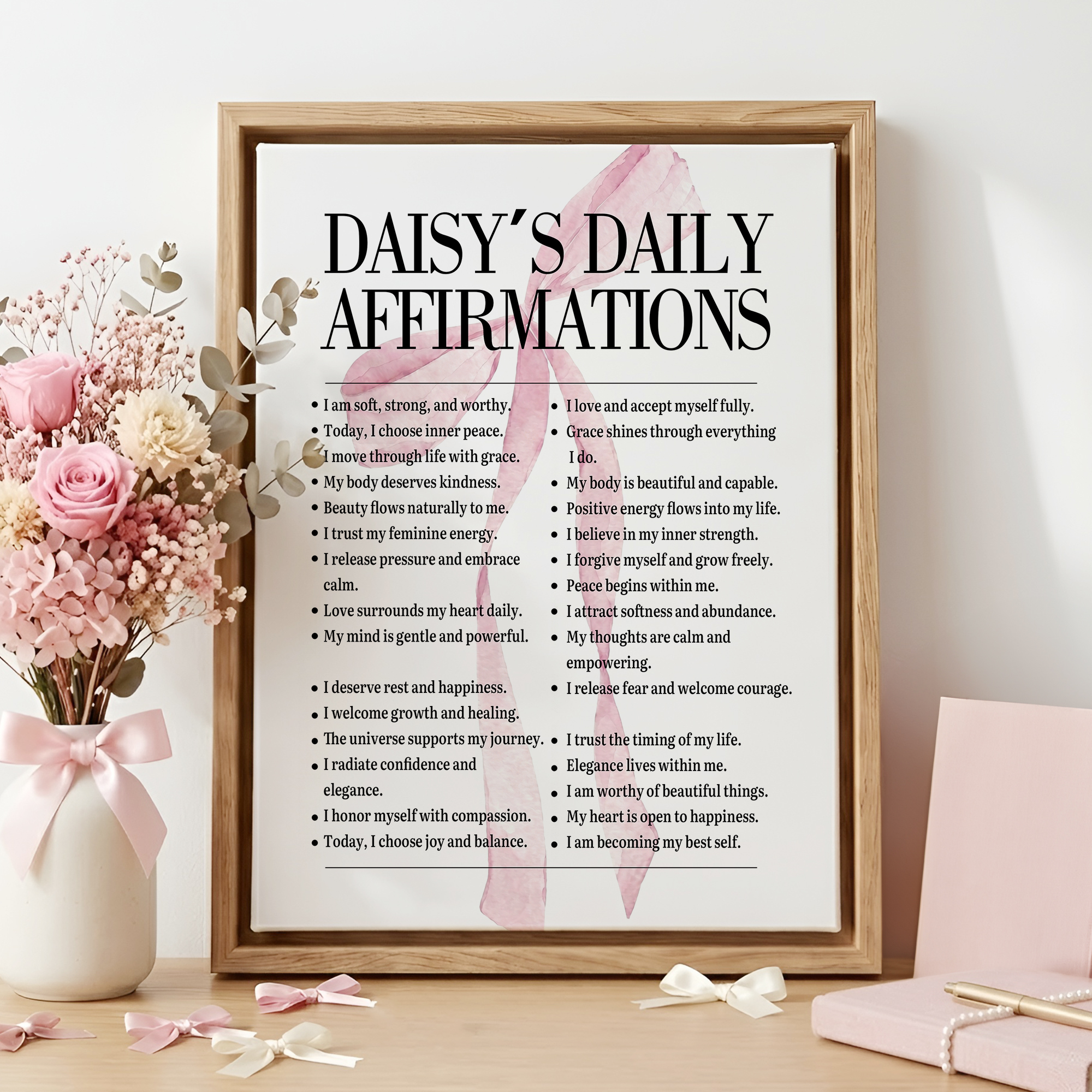 Personalisierter Aquarell-Leinwanddruck mit Affirmationen, rosa Schleife & Namen | Wanddeko | Inspirierendes Geburtstagsgeschenk für Frauen