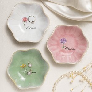 Gepersonaliseerd keramisch sieradenschalje in imitatiekristalstijl met geboortebloem en naam – Moederdag- en verjaardagscadeau voor haar