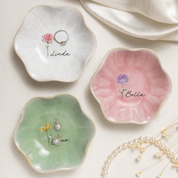 Personalized Imitation Crystal Style Birth Flower Ceramic Scalloped Edge Trinket Jewelry Dish with Name Mother's Day Birthday Gift for Her