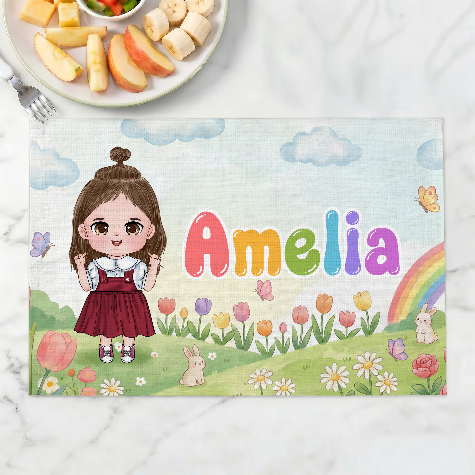 Individuell gestaltete rechteckige Tischset mit Cartoon-Figur „Sky Grassland“ und Namen – Tischdekoration für den täglichen Gebrauch, als Geschenk zum Schulanfang oder zum Geburtstag für Kinder