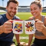 Personlig keramisk kopp med flerfarget fotballmønster, 11 oz og 15 oz, med navn og underlag – til daglig bruk, bursdagsgave til fotballentusiast og spiller