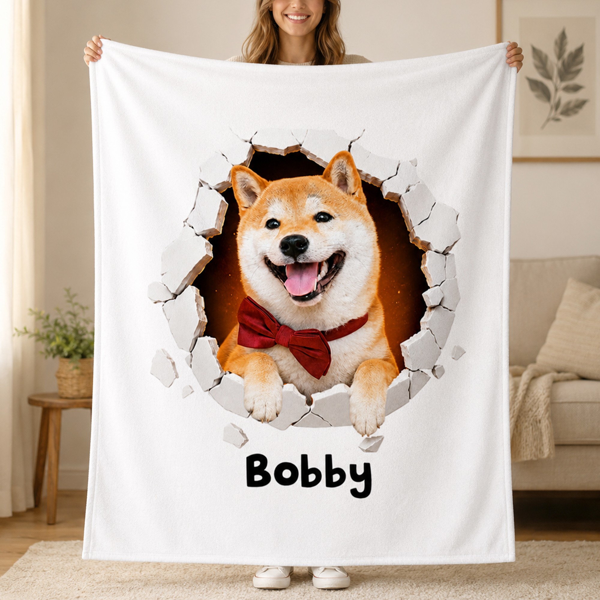 Individuell gestaltete, niedliche Kuscheldecke mit Haustierfoto und „Breakout Wall“-Motiv sowie Namensaufdruck – Wohnaccessoire für den täglichen Gebrauch, Geburtstagsgeschenk für Tierfreunde und Freu