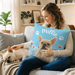 Personalized Pet Photo Birth Flower Paw Print Soft Throw Pillow Cover with Name Home Decor Pet Memorial Birthday Gift for Pet Owner Lover