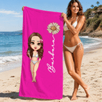 Personalised Birth Flower Cute Cartoon Character Oversized Magnetic Beach Towel with Name Summer Holiday Beach Pool Party Gift for Kids Family