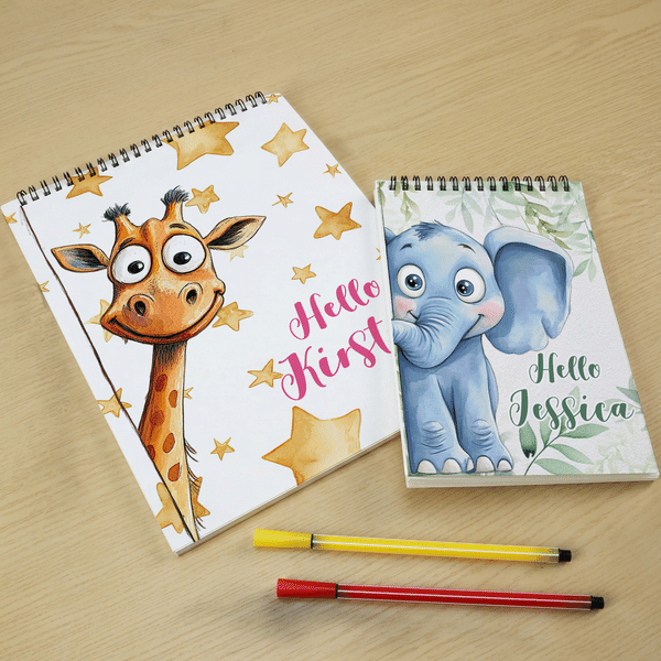 Personalised Cute Peeking Animal Hello Sketchbook with Name Daily Drawing Art Supplies Birthday Back to School Gift for Boys Girls