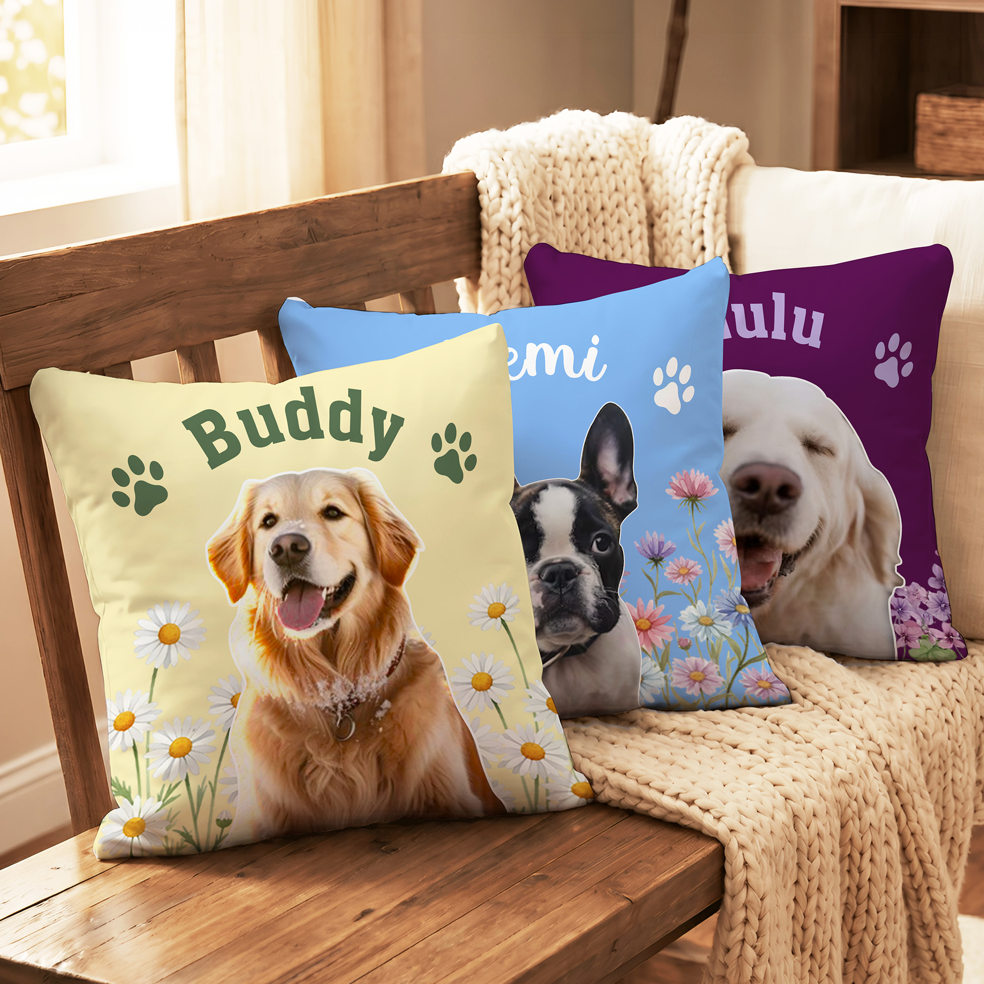 Individuell gestalteter, weicher Kissenbezug mit Haustierfoto, Geburtsblume und Pfotenabdruck sowie Namen – Wohnaccessoire, Gedenkgeschenk für Haustiere, Geburtstagsgeschenk für Haustierbesitzer und -