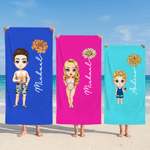 Personalised Birth Flower Cute Cartoon Character Oversized Magnetic Beach Towel with Name Summer Holiday Beach Pool Party Gift for Kids Family