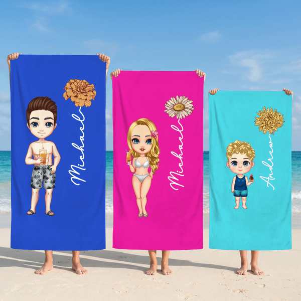 Personalised Birth Flower Cute Cartoon Character Oversized Magnetic Beach Towel with Name Summer Holiday Beach Pool Party Gift for Kids Family