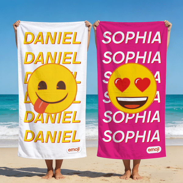 Personalised Multicolour Playful emoji Soft Quick Dry Beach Towel with Name Vacation Party Beach Trip Gift for Friends Kids Family | Callie × emoji ™