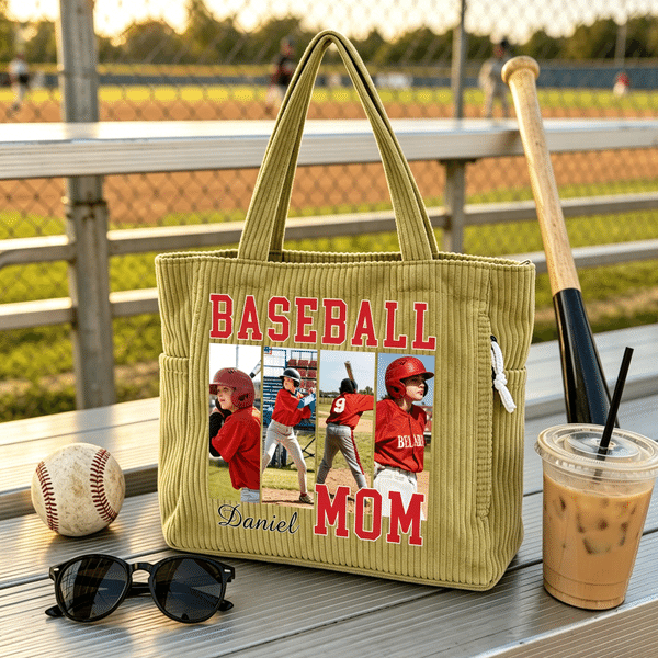 Personalized Baseball Mom 4 Photos Collage Classic Corduroy Tote Bag with Name and Title Daily Use Shopping Game Day Gift for Mom Grandma