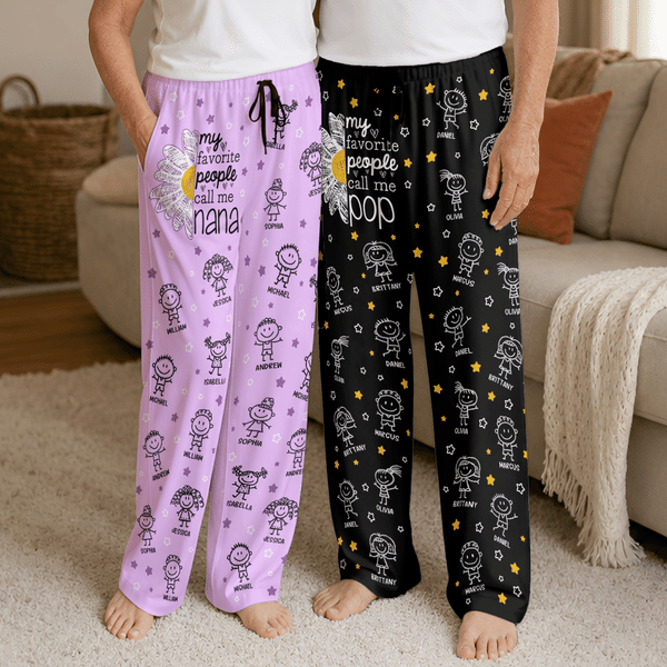 Personalised Line Art Cartoon Kid Character Soft Skin-Friendly Pyjama Bottoms with 1-16 Names and Nickname Daily Use Birthday Gift for Dad Mum