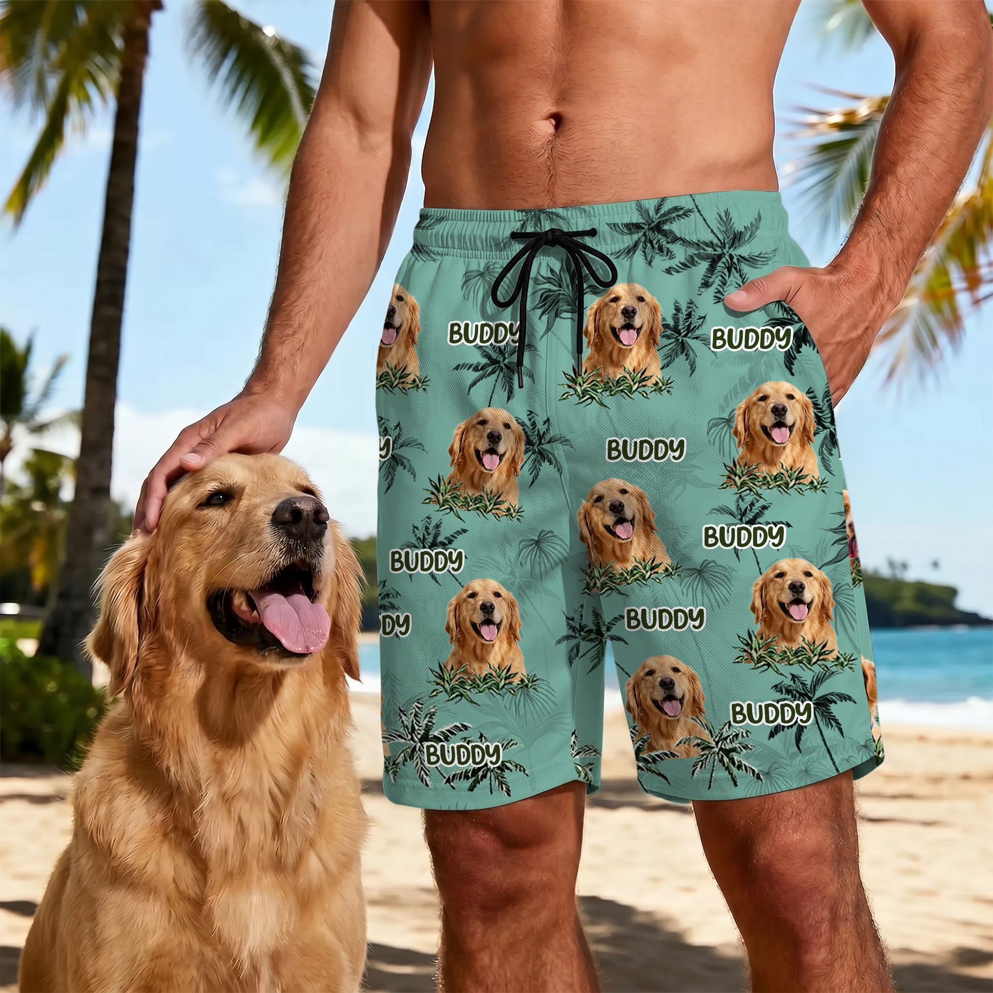 Individuell gestaltete Strandshorts mit Palmenmotiv und Foto Ihres Haustiers sowie Kordelzug – ein unverzichtbares Geburtstagsgeschenk für Männer und Tierliebhaber, ideal für Sommerreisen und den Urla