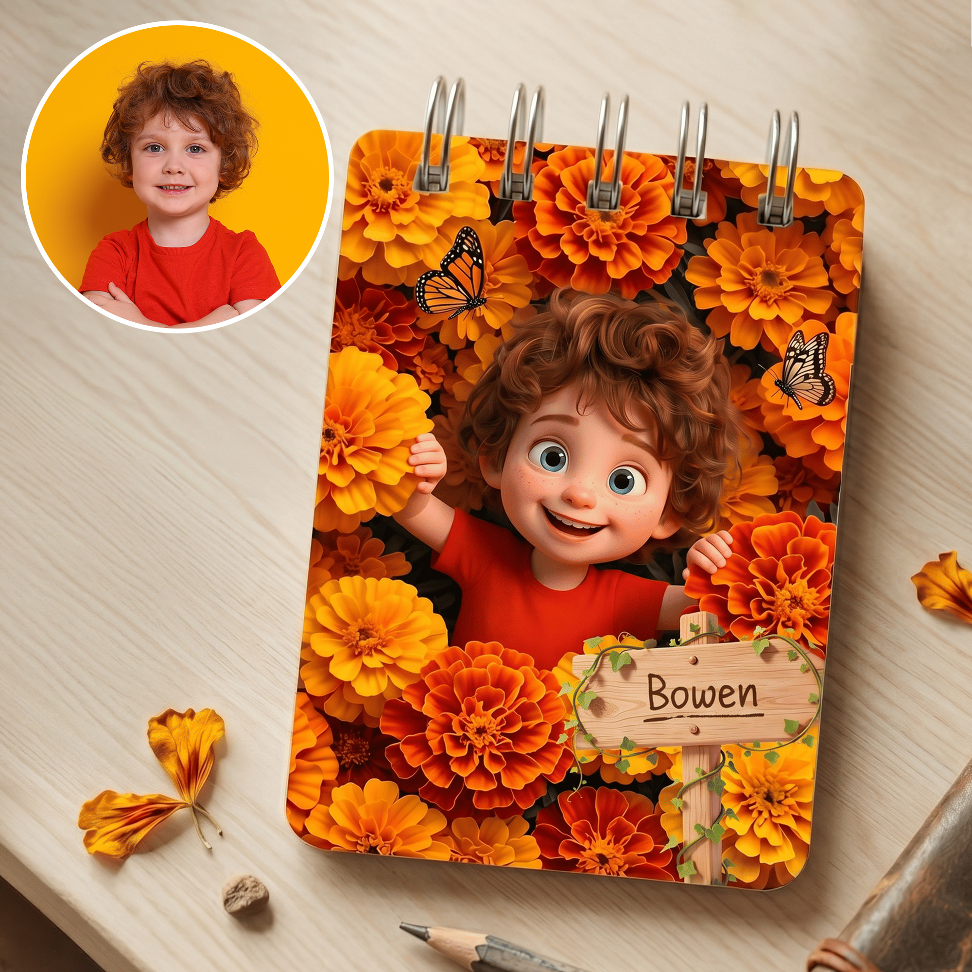 Individuell gestaltetes, farbenfrohes Notizbuch mit Cartoon-Figur und Geburtsblume sowie Namen – für den täglichen Gebrauch, als Geschenk zum Schulanfang oder zum Geburtstag für Schüler
