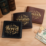 Personalized Retro Gold Floral Pattern Name Foldable PU Leather Wallet Daily Use Anniversary Birthday Gift for Husband Dad