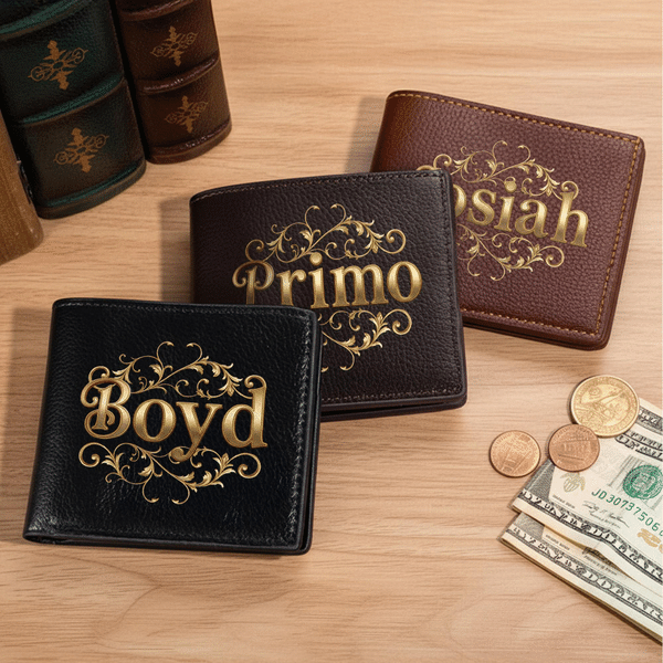 Personalized Retro Gold Floral Pattern Name Foldable PU Leather Wallet Daily Use Anniversary Birthday Gift for Husband Dad