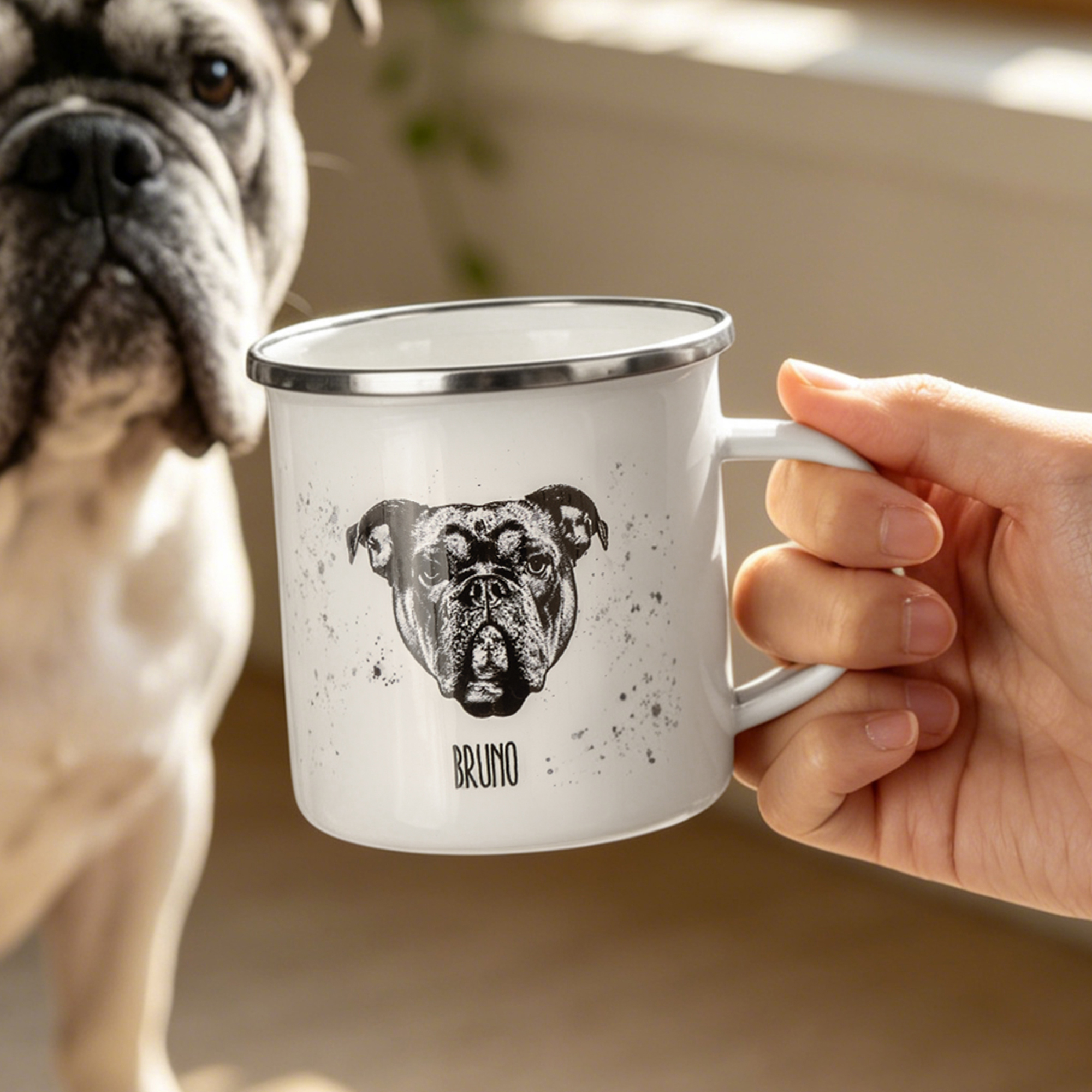 Personalisierte Schwarz-Weiß-Porträt-Tasse aus Emaille (12 oz) mit 1–3 Namen – für den täglichen Gebrauch, als Geburtstagsgeschenk für Katzen- und Hundeliebhaber