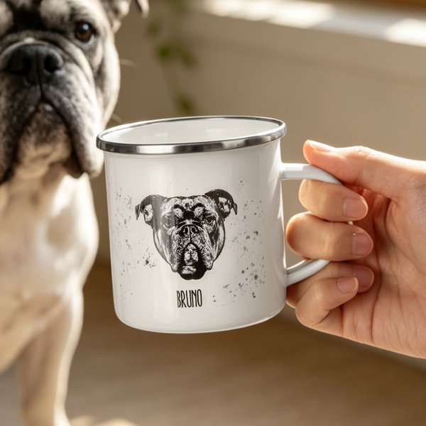 Personalised Black and White Pet Portrait 12 oz Enamel Mug with 1-3 Names Daily Use Birthday Gift for Cat Dog Pet Lovers