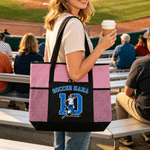 Personalized Sports Photo Large Tote Bag with Name Number Text and Mesh Pockets Daily Use Travel Birthday Gift for Women Sports Lovers