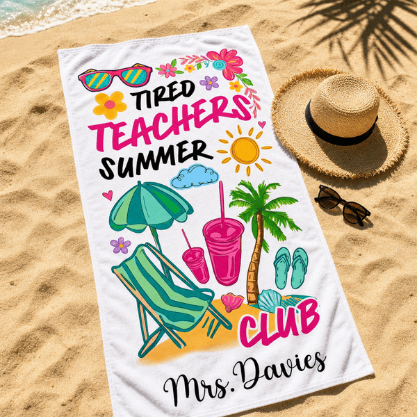 Personalized Tired Teachers Summer Club Quick Dry Oversized Beach Towel with Title & Surname Summer Vacation Birthday Gift for Educators Teachers
