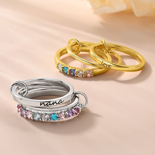 Personalized 1-12 Birthstones Linked Triple Stacking Ring with Name Daily Wear Birthday Gift for Grandma Mother Woman