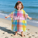 Personalised Multicolour Plaid Quick Drying Soft Hooded Beach Towel with Name Beach Party Summer Travel Birthday Gift for Kid