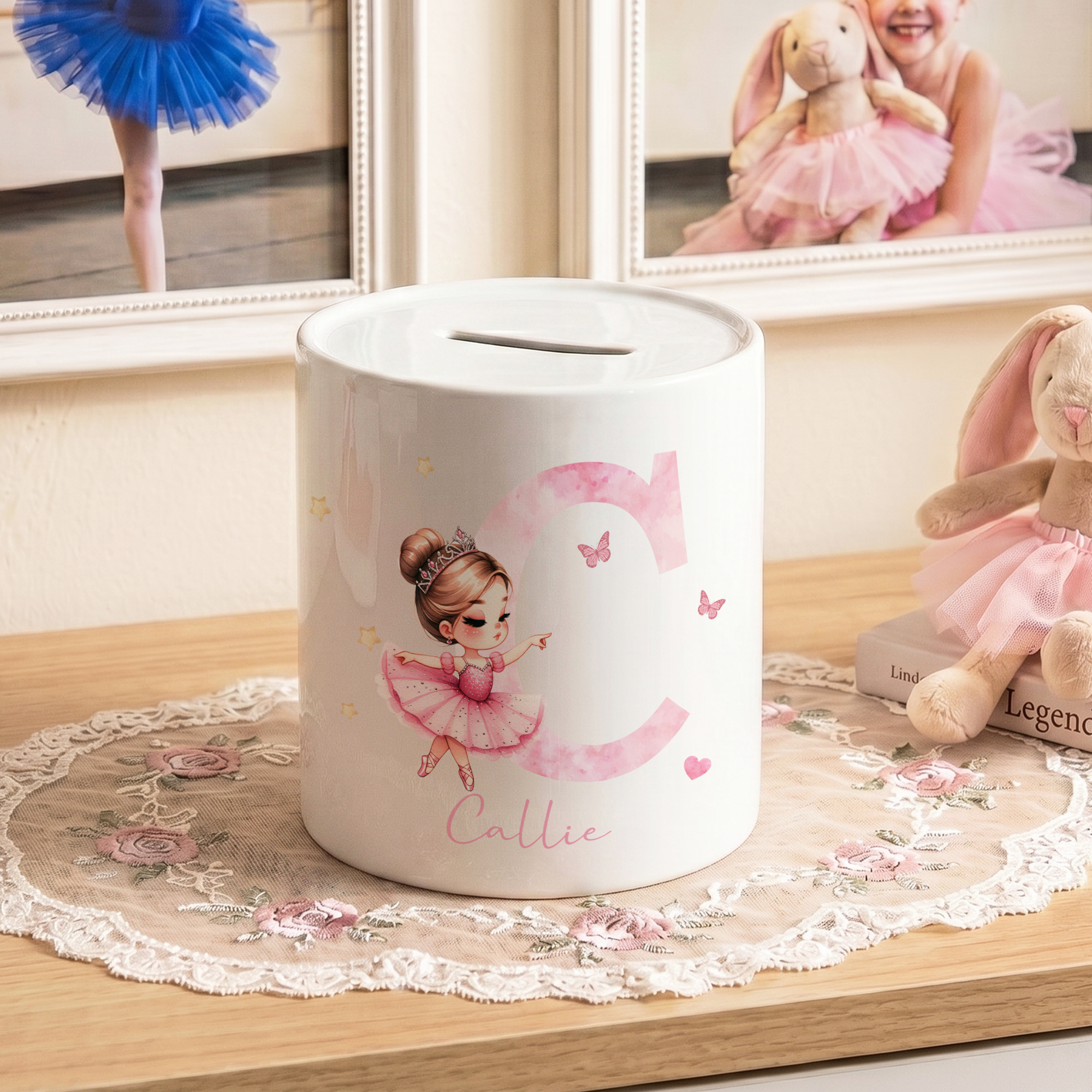 Personalisierte Keramik-Spardose in Form eines Ballettmädchens mit Initiale und Namen – Wohnaccessoire und Geburtstagsgeschenk für Kinder