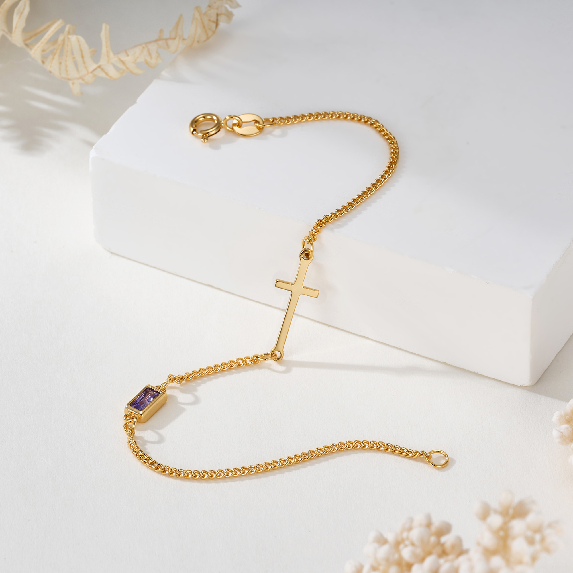 Personalized Minimalist Square Birthstone Cross Bracelet Birthday Christening Baptism Gift for Women