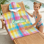Personalised Multicolour Plaid Quick Drying Soft Hooded Beach Towel with Name Beach Party Summer Travel Birthday Gift for Kid