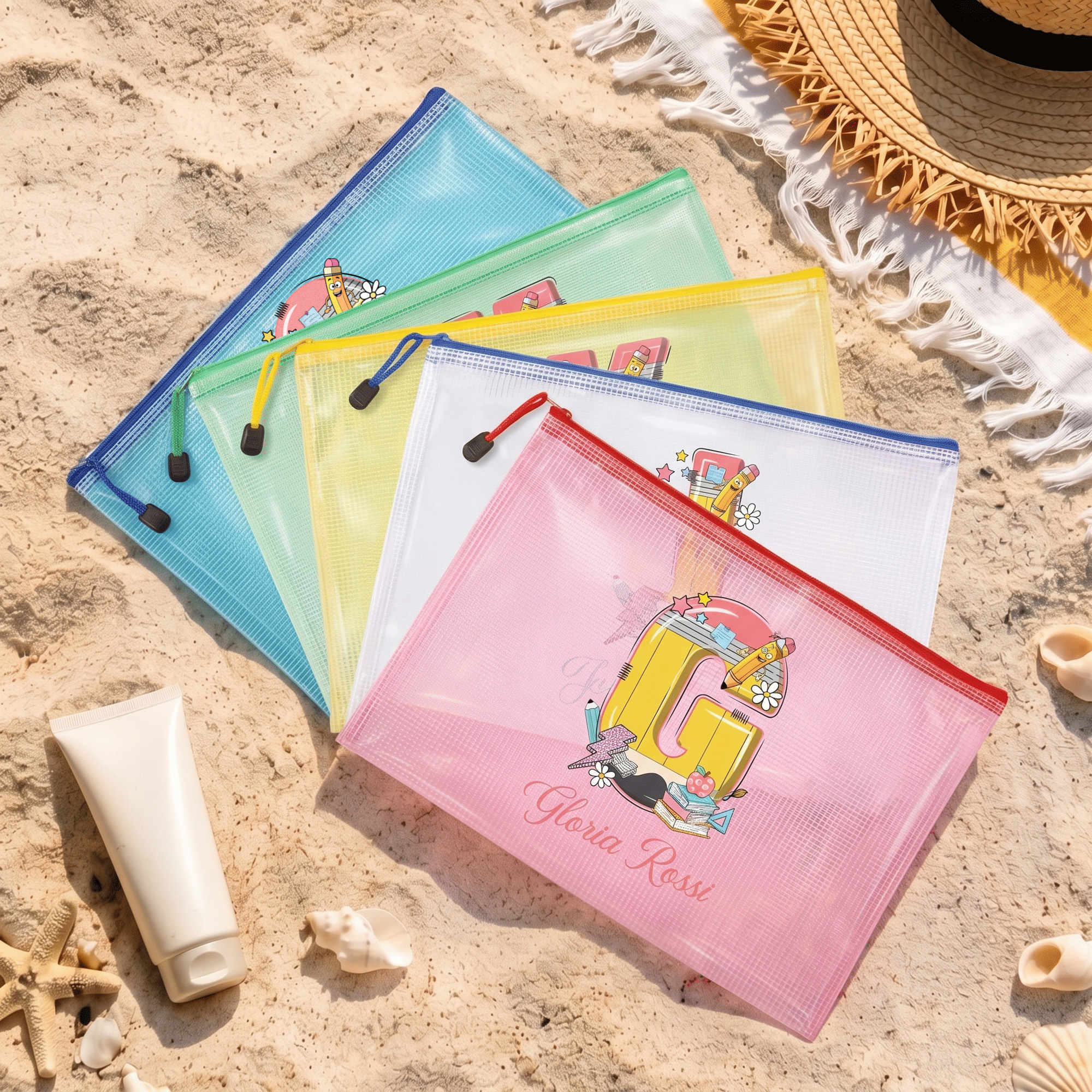 Personalisierte, wasserdichte Strandtasche aus Netzstoff mit Reißverschluss und Monogramm – mit Namen – für den Schulanfang, den Sommer, den Pool oder als Geschenk zum Lehrertag für Lehrer und Pädagog