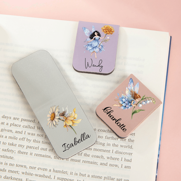 Personalized Birth Flower Fairy Magnetic PU Leather Bookmark Clip with Name Daily Use Reading Accessories Birthday Gift for Book Lovers Bookworms