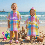 Personalised Multicolour Plaid Quick Drying Soft Hooded Beach Towel with Name Beach Party Summer Travel Birthday Gift for Kid