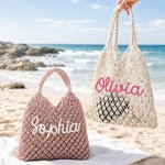 Personalised Crochet Cotton Rope Tote Bag with Name Reusable Beach Travel Accessory Daily Use Birthday Gift for Women Besties