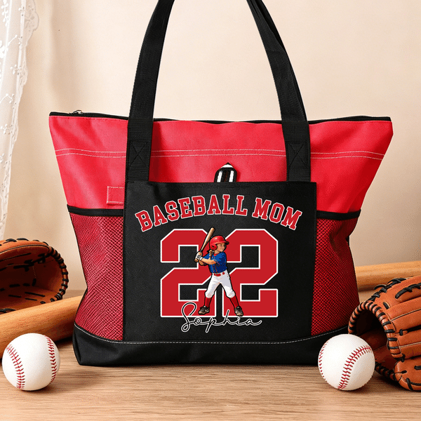 Personalized Sports Photo Large Tote Bag with Name Number Text and Mesh Pockets Daily Use Travel Birthday Gift for Women Sports Lovers
