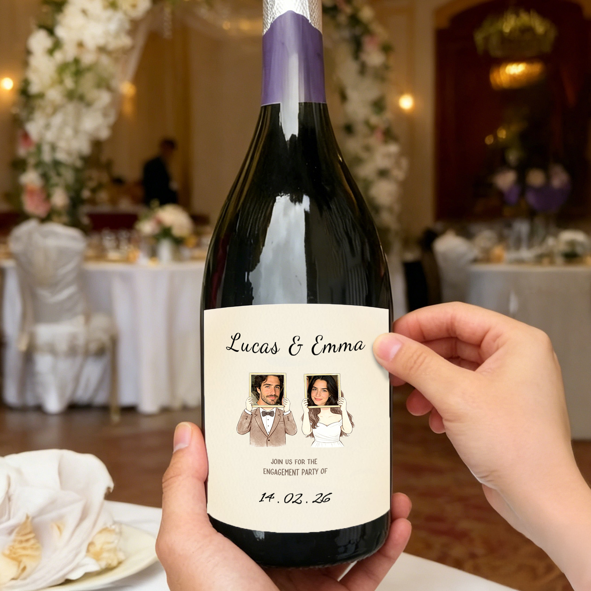 Personalisierte Weinflaschen-Aufkleber im Aquarellstil mit Kinderfotos des Paares, Namen und Datum – als Gastgeschenk zur Verlobung oder Hochzeit für frischvermählte Paare