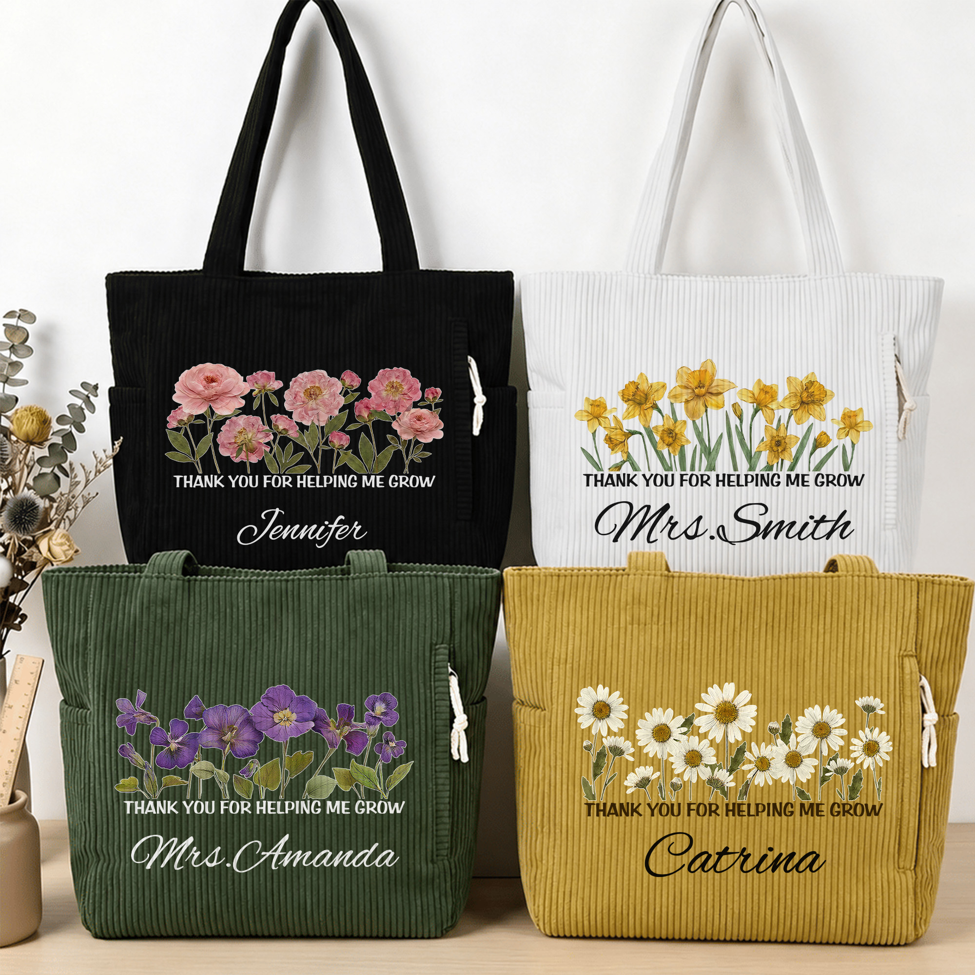 Personalisierte „Geburtsblume“ – „Danke, dass du mir beim Wachsen geholfen hast“ – Großraum-Tragetasche mit Namen – Alltagsgeschenk zum Geburtstag für Lehrer