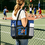 Personalized Sports Photo Large Tote Bag with Name Number Text and Mesh Pockets Daily Use Travel Birthday Gift for Women Sports Lovers