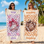 Personalised Plaid Ball Soft Quick Dry Beach Towel with Name Holiday Beach Party Game Day Gift for Girl Sports Lover
